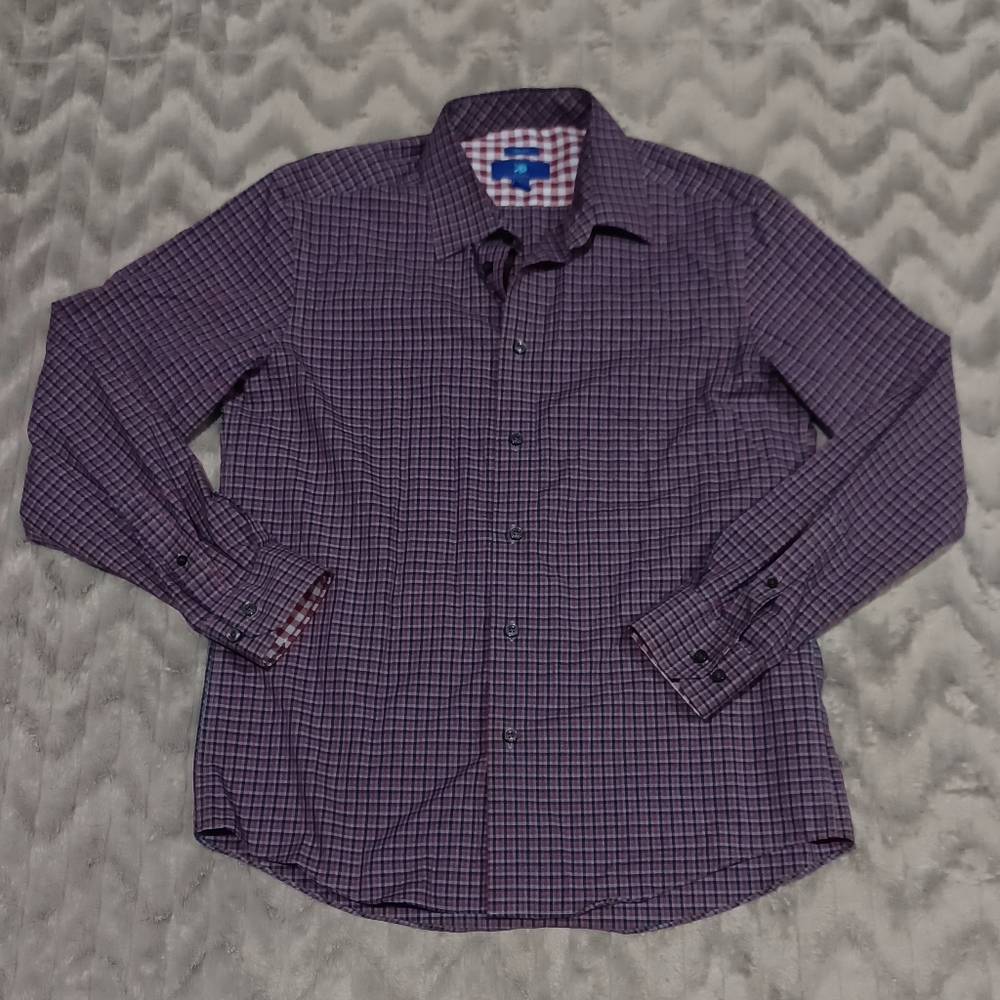 Egara Mens Size L Blue Red Plaid Long Sleeve 100% Cotton Button Up Shirt